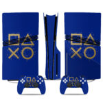 PS5 Pro Skin Sticker – Elegant Blue And Gold PlayStation Icons Design For Console And Controllers, Premium Protective Wrap