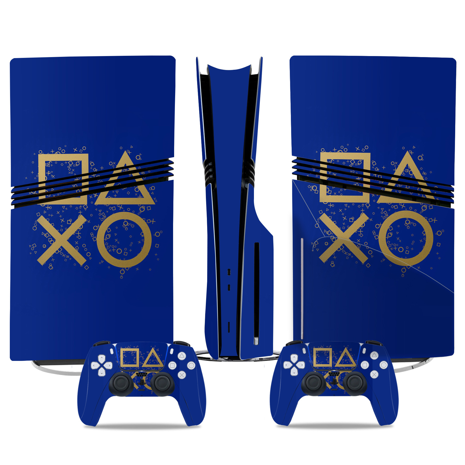 PS5 Pro Skin Sticker – Elegant Blue And Gold PlayStation Icons Design For Console And Controllers, Premium Protective Wrap