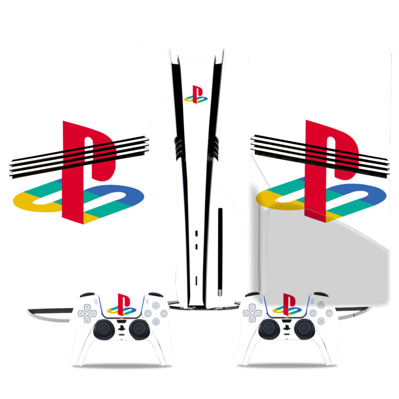 White PS5 Pro Skin Sticker With Retro PlayStation Logo - Durable Vinyl Wrap For Console And Controller Protection & Style