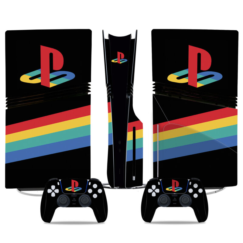 Retro-Inspired PS5 Pro Skin Sticker – Vibrant Rainbow Design With Iconic PlayStation Logo For Console And Controller Customization