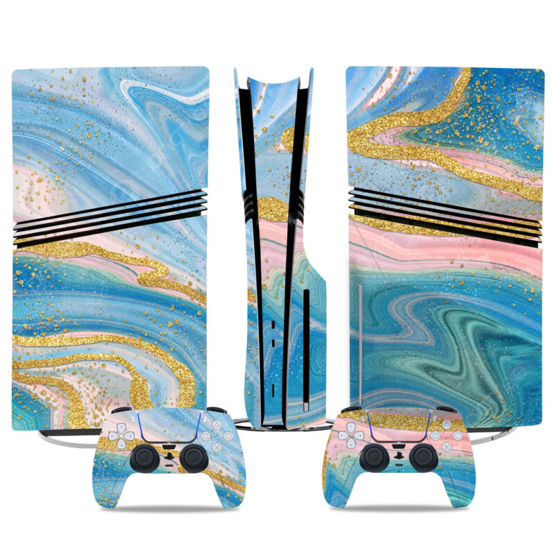 Elegant PS5 Pro Skin Sticker – Blue And Gold Glitter Marble Design For Console And Controller Personalization