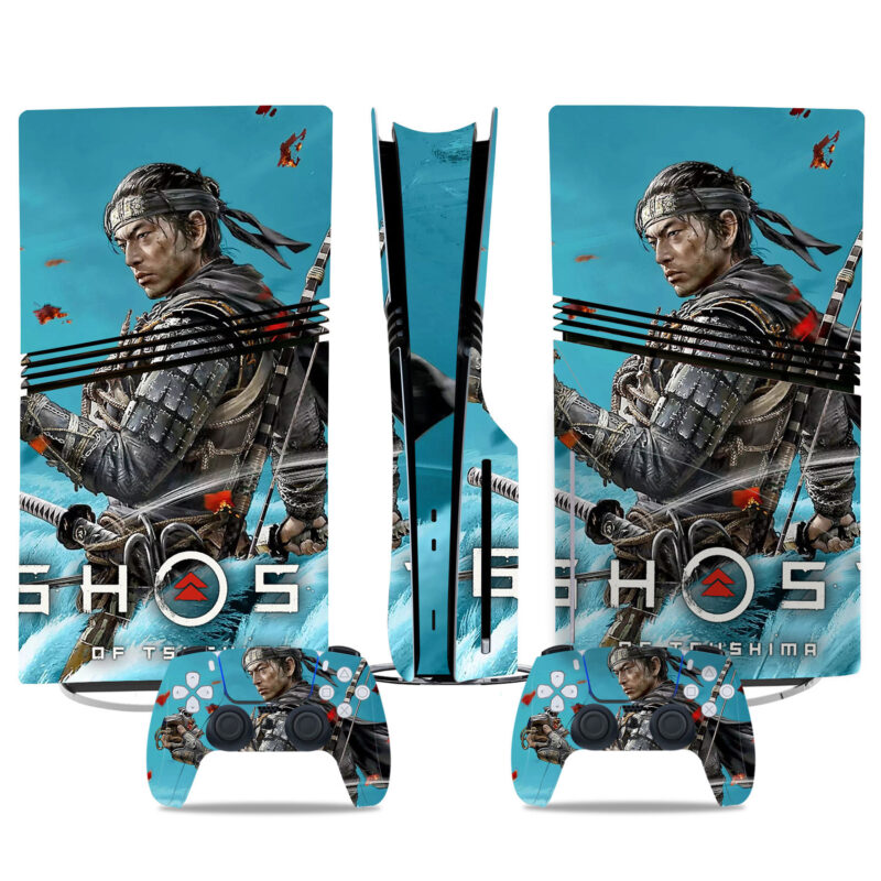 Ghost Of Tsushima PS5 Pro Skin – Epic Samurai Artwork On Console And Controller Wrap With Striking Blue Background Design