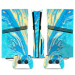 Stylish PS5 Pro Skin Sticker – Blue And Gold Swirl Design For Console And DualSense Controllers – Unique PlayStation Wrap