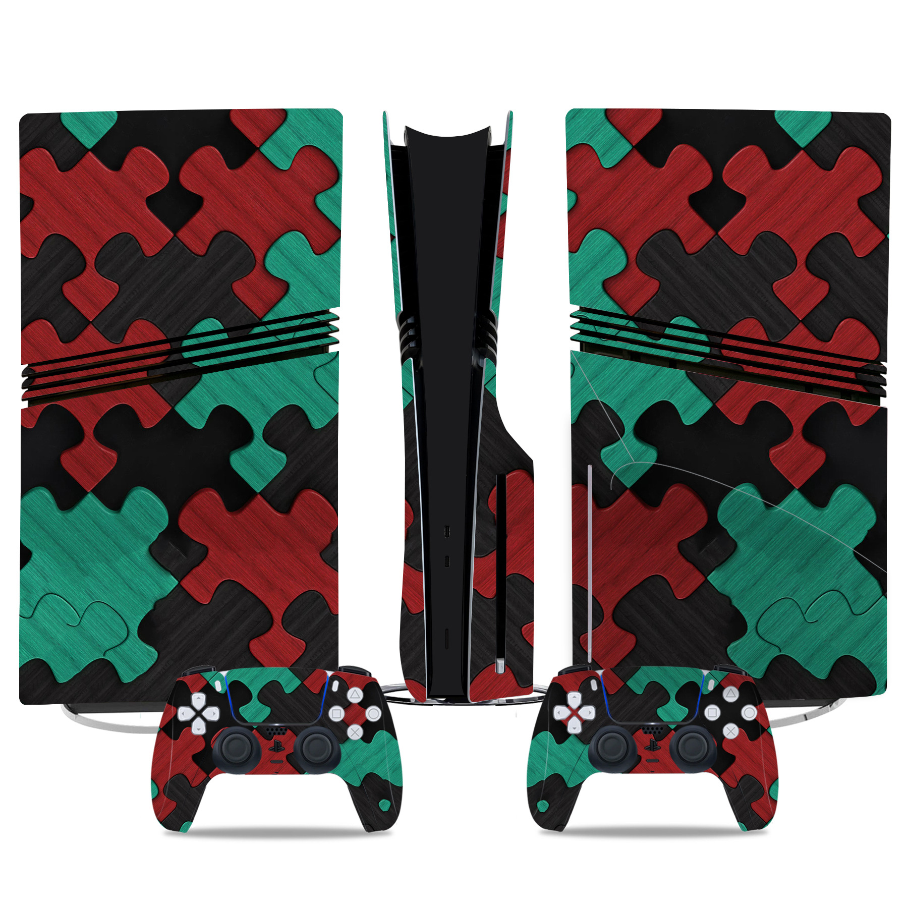 PS5 Pro Skin Sticker - Unique Red & Green Puzzle Design with Matching Controller Decals For Stylish Gaming Protection