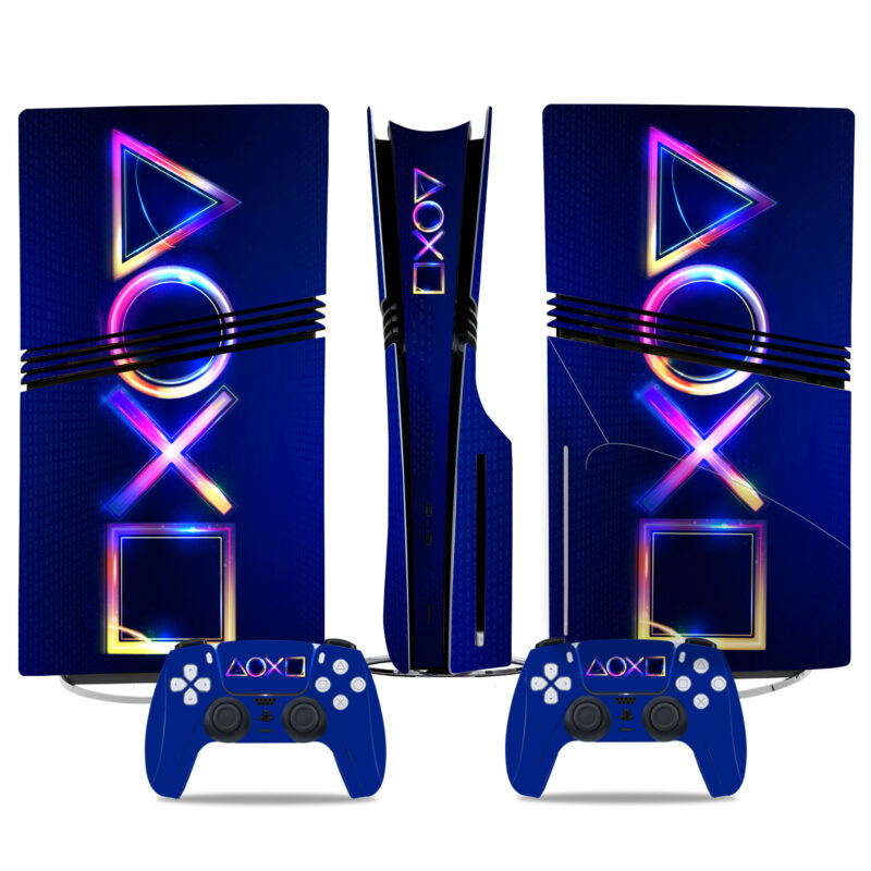 Neon PlayStation Symbols PS5 Pro Skin Sticker - Vibrant Console & Controller Wrap For A Bold Gaming Setup Design