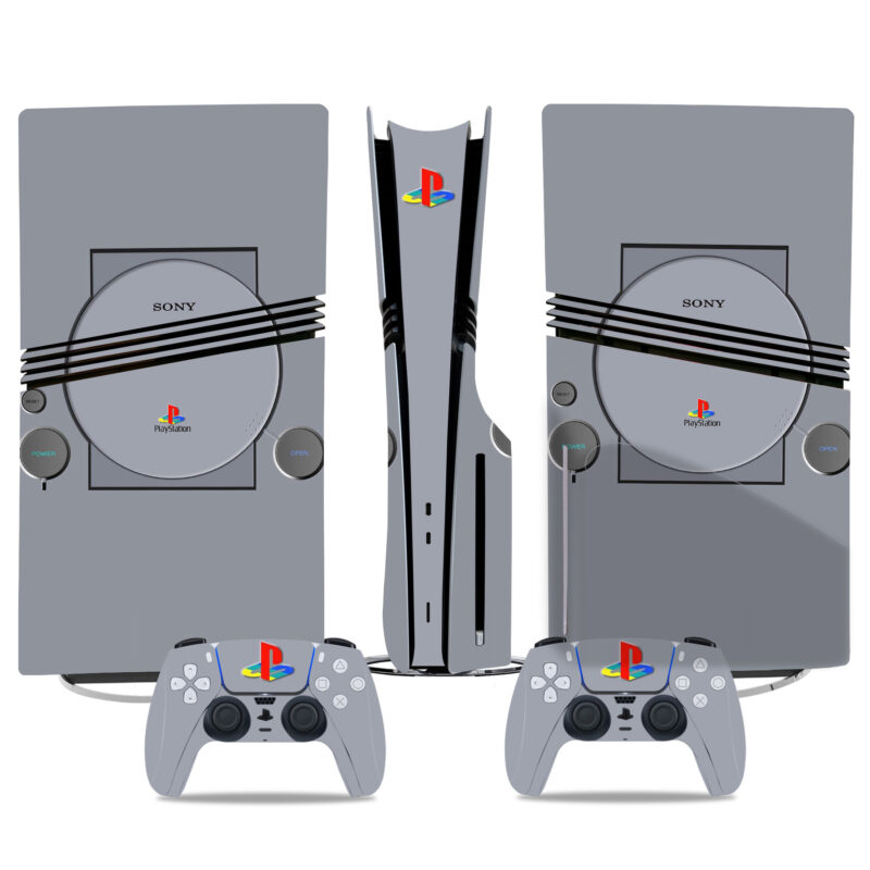 Retro PlayStation 1 Design PS5 Pro Skin Sticker - Classic Grey Console & Controller Wrap For Nostalgic Gaming Style