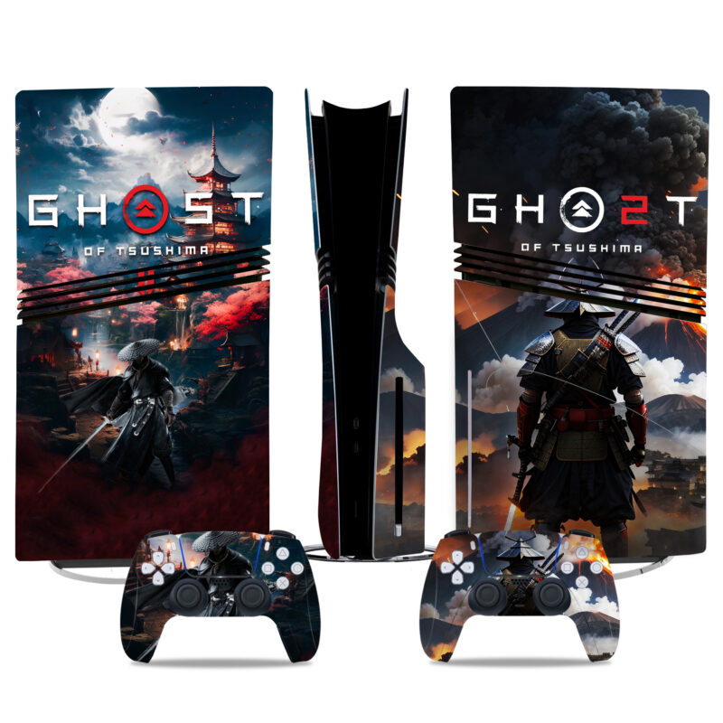 Ghost Of Tsushima PS5 Pro Skin Sticker With Matching Controller Wraps – Stunning Samurai-Inspired Console Design