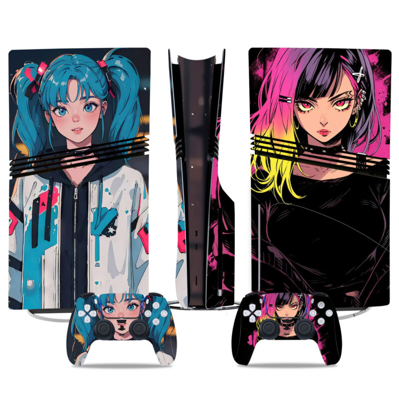 Vibrant Cyberpunk Anime PS5 Pro Skin Sticker – Stylish Console & Controller Wrap