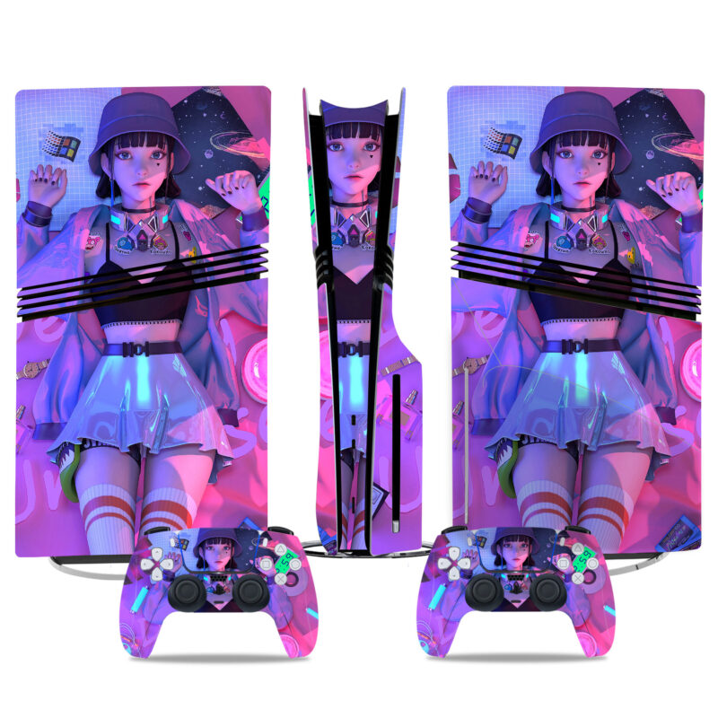 Cyberpunk Neon Girl PS5 Pro Skin Sticker – Stunning Console & Controller Wrap Design