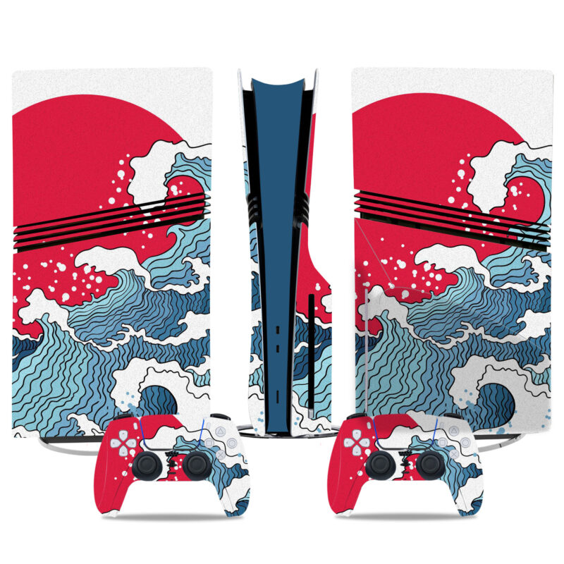 Red Sun Wave Design PS5 Pro Skin Sticker - Japanese Art Console And Controller Wrap