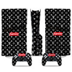 Supreme x LV-Inspired Black & White PS5 Pro Skin Sticker Set – Stylish Console & Controller Protection