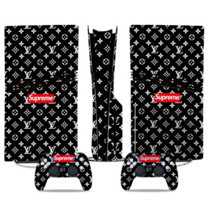 Supreme x LV-Inspired Black & White PS5 Pro Skin Sticker Set – Stylish Console & Controller Protection