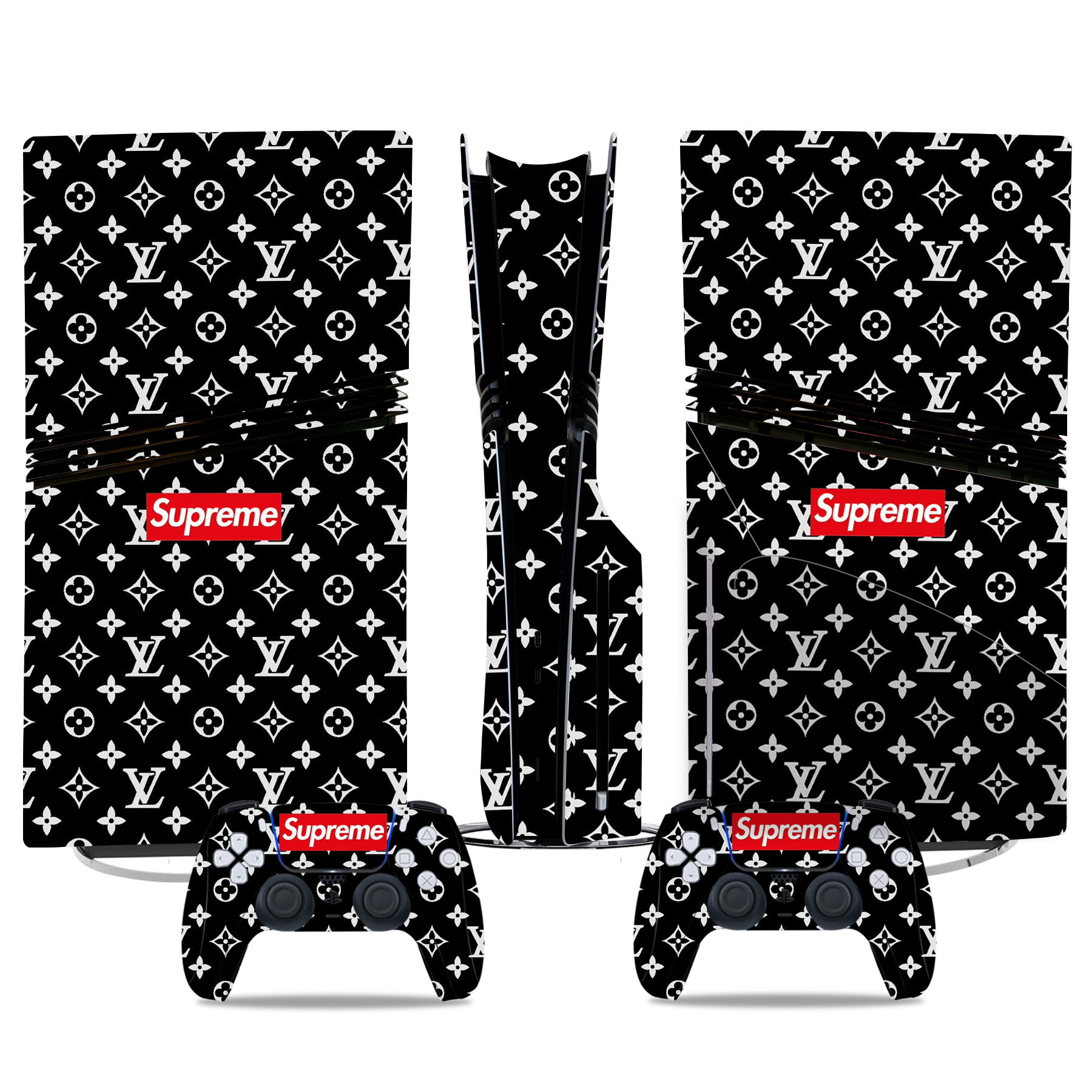 Supreme x LV-Inspired Black & White PS5 Pro Skin Sticker Set – Stylish Console & Controller Protection