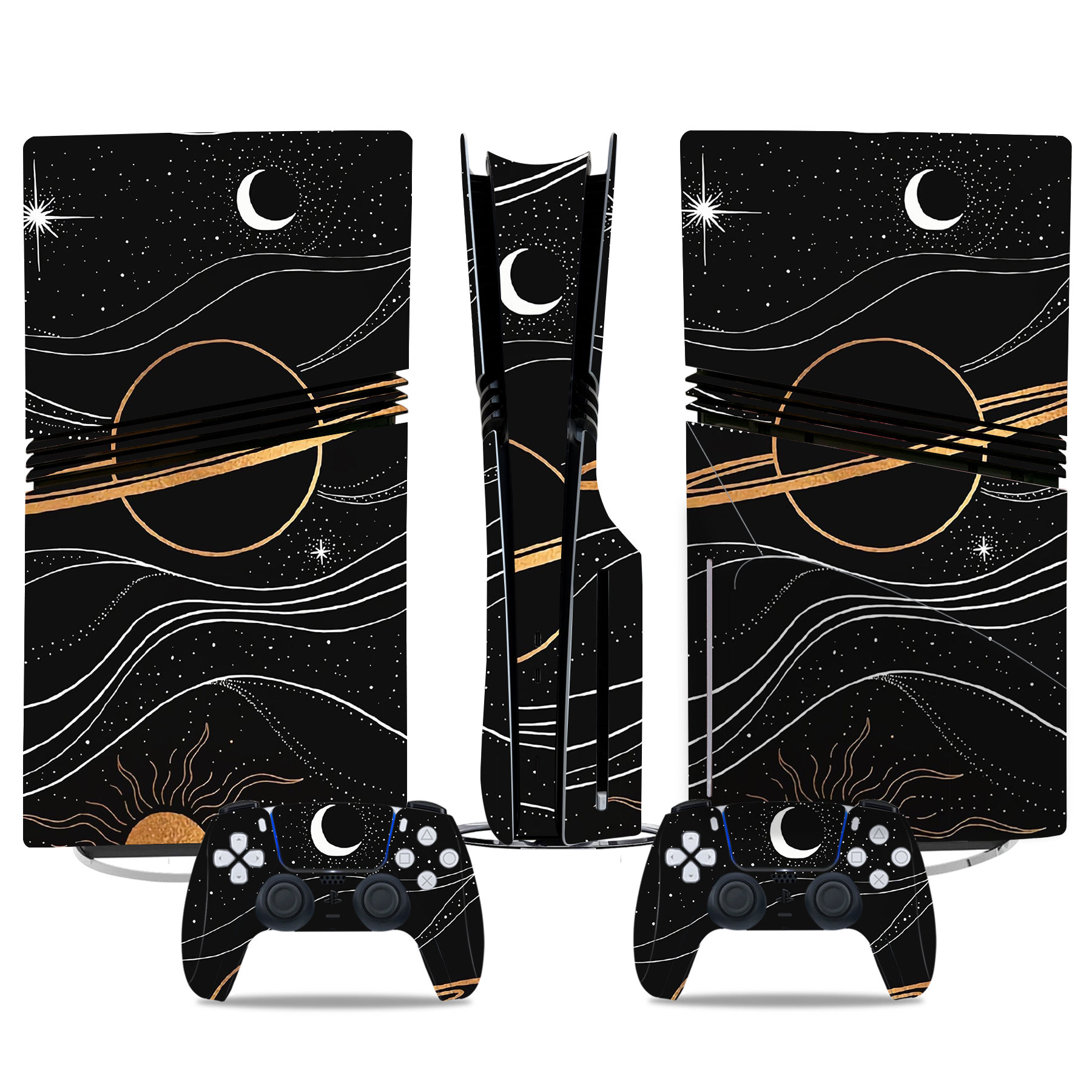Stunning Cosmic Moon & Star PS5 Pro Skin Sticker – Elegant Black & Gold Design For Console And Controller