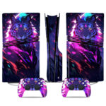 Vibrant Neon Tiger PS5 Pro Skin Sticker – Stunning Console And Controller Design