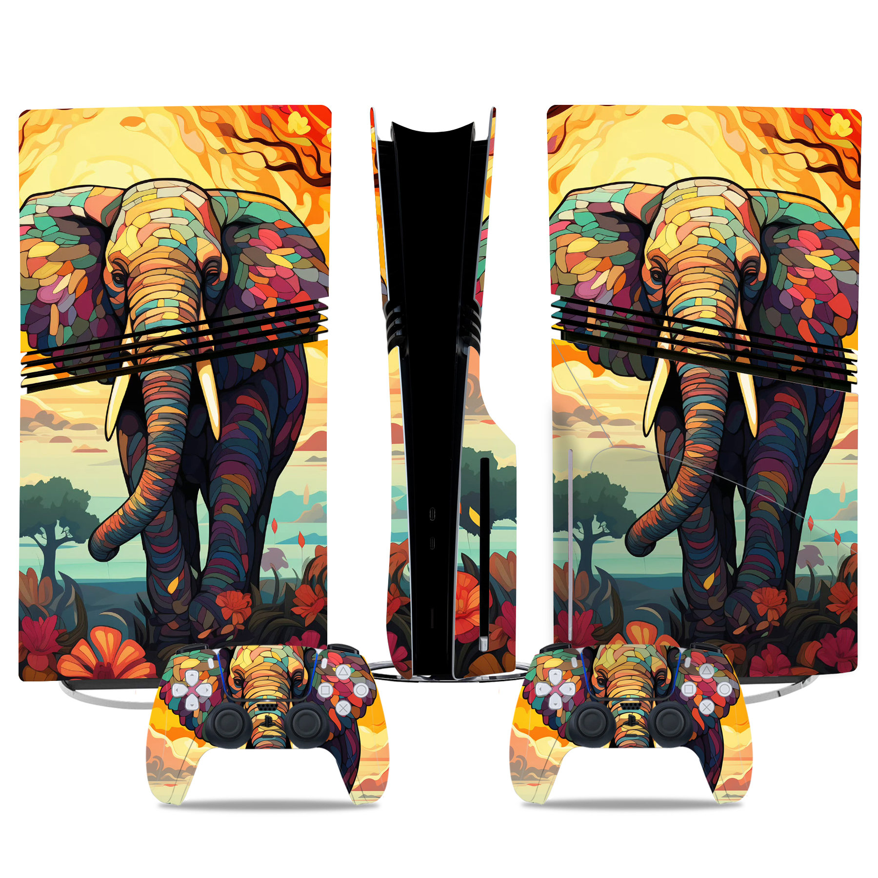 Vibrant Elephant Art PS5 Pro Skin Sticker – Unique Console & Controller Wrap