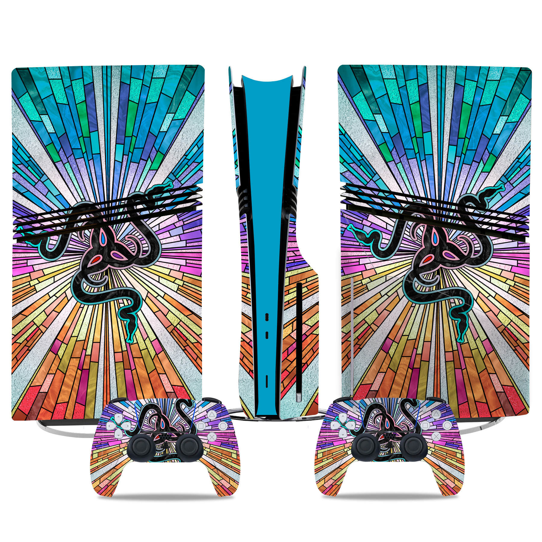 PS5 Pro Skin Sticker - Vibrant Stained Glass Snake Design - Console & Controller Custom Wrap Decals