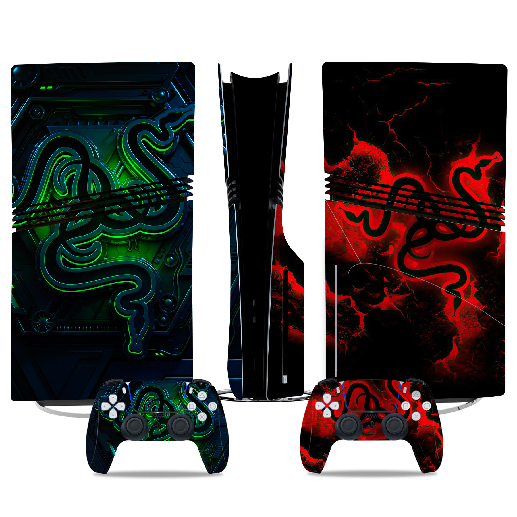 Custom PS5 Pro Skin Stickers - Neon Green And Red Gaming Console And Controller Designs