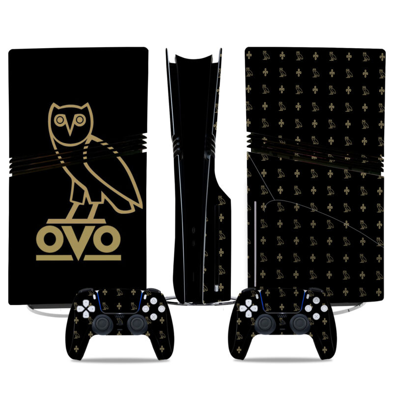 Exclusive OVO Owl PS5 Pro Skin Sticker – Sleek Black And Gold Console & Controller Wrap
