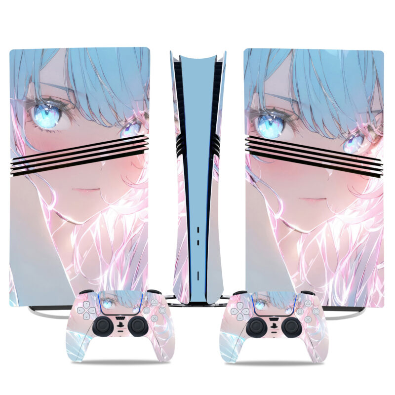 Custom PS5 Pro Skin Sticker – Stunning Anime Girl Pastel Blue Hair Design For Console & Controllers