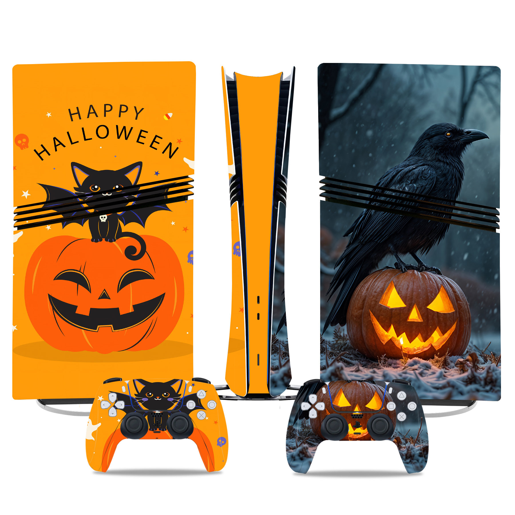Custom Halloween-Themed PS5 Pro Skin Stickers With Pumpkin, Cat, And Raven Designs - Image 2