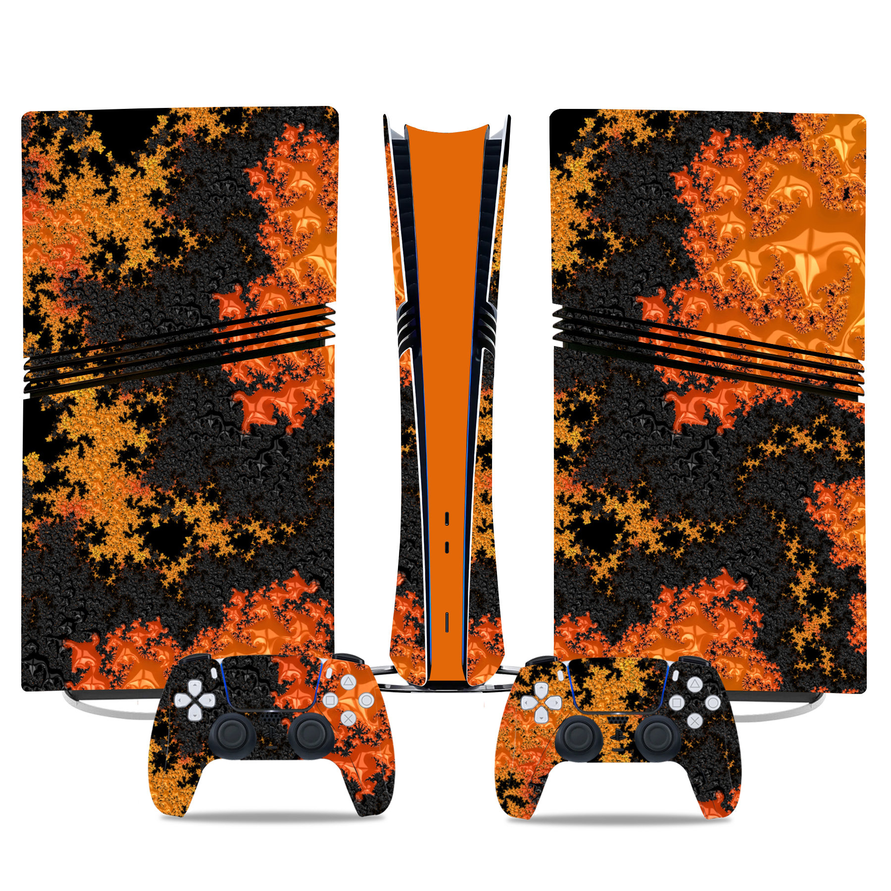 Vibrant Orange And Black PS5 Pro Skin Sticker For Console And Controller – Stunning Fractal Design - Image 3