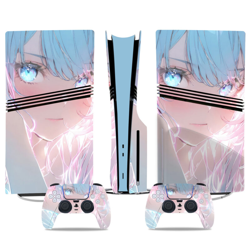 Custom PS5 Pro Skin Sticker – Stunning Anime Girl Pastel Blue Hair Design For Console & Controllers