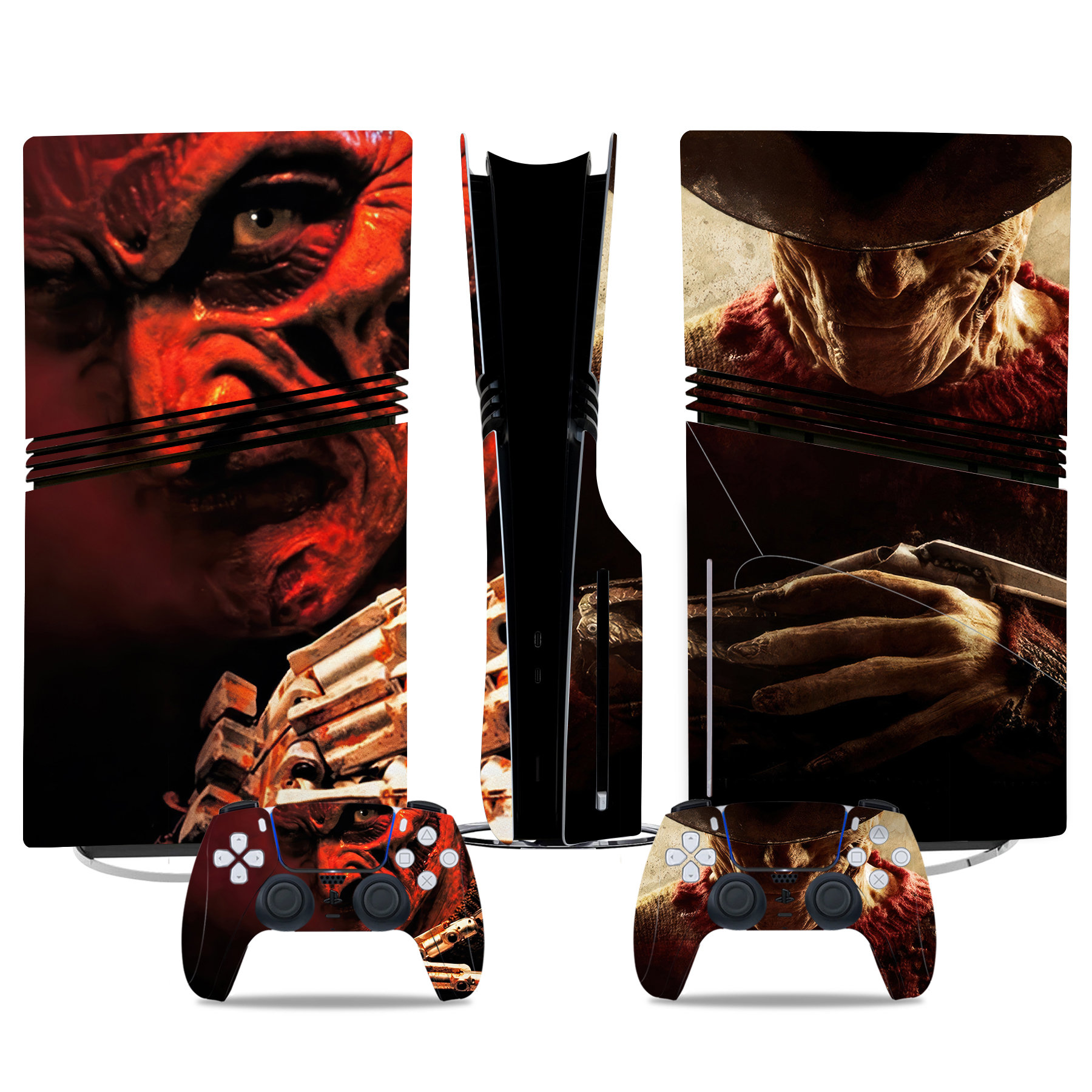 Horror-Themed PS5 Pro Skin Sticker Set - Custom Freddy Krueger Console & Controller Vinyl Wrap