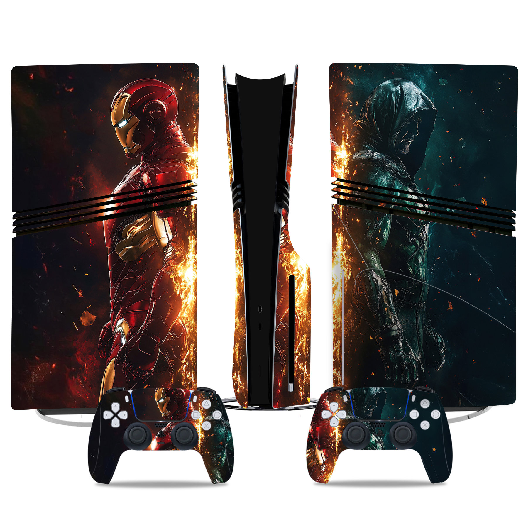 Iron Man Vs. Hooded Warrior PS5 Pro Skin Sticker – Custom Console And Controller Wrap Design
