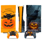 Custom Halloween-Themed PS5 Pro Skin Stickers With Pumpkin, Cat, And Raven Designs