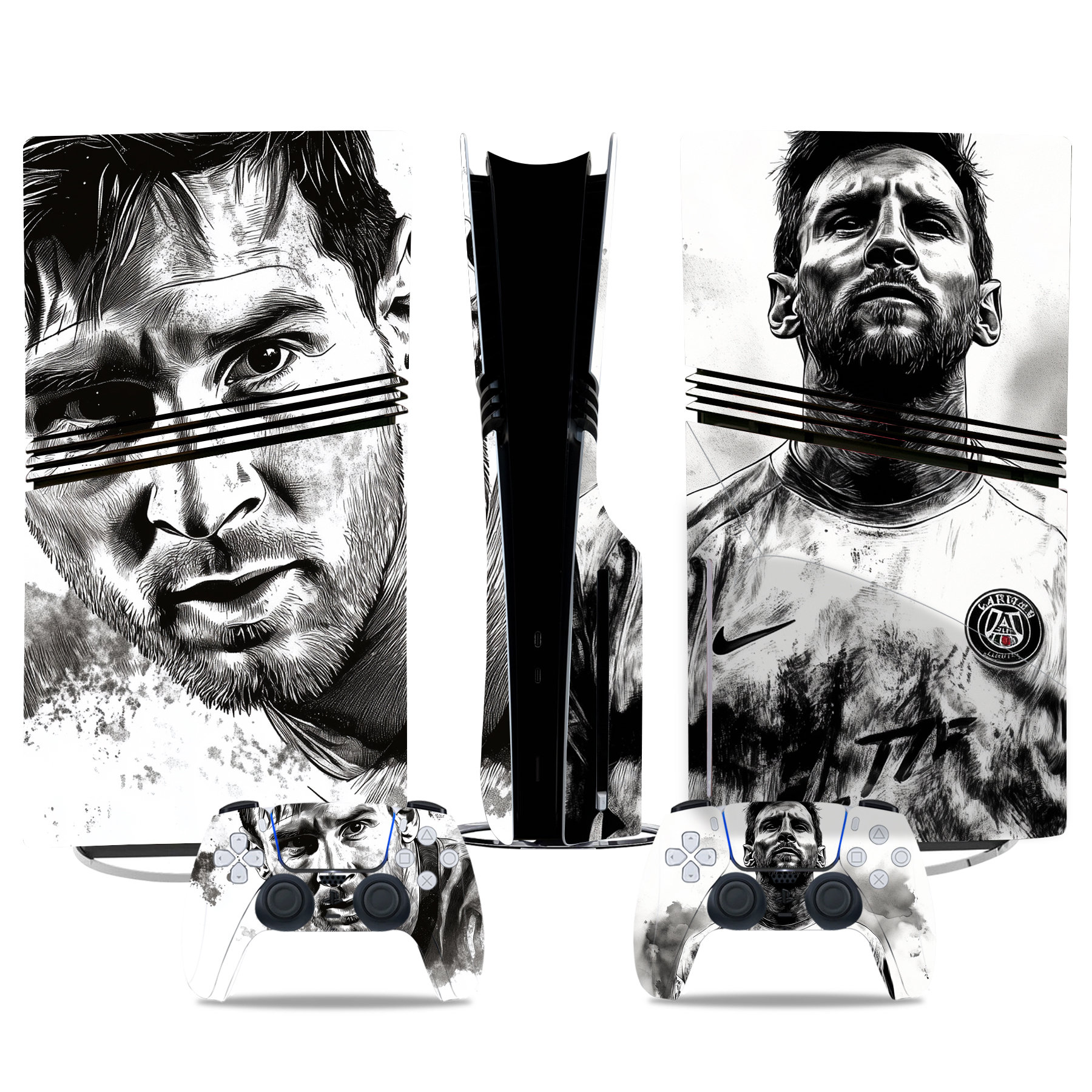 Black And White Lionel Messi Art PS5 Pro Skin Sticker For Console And Controller