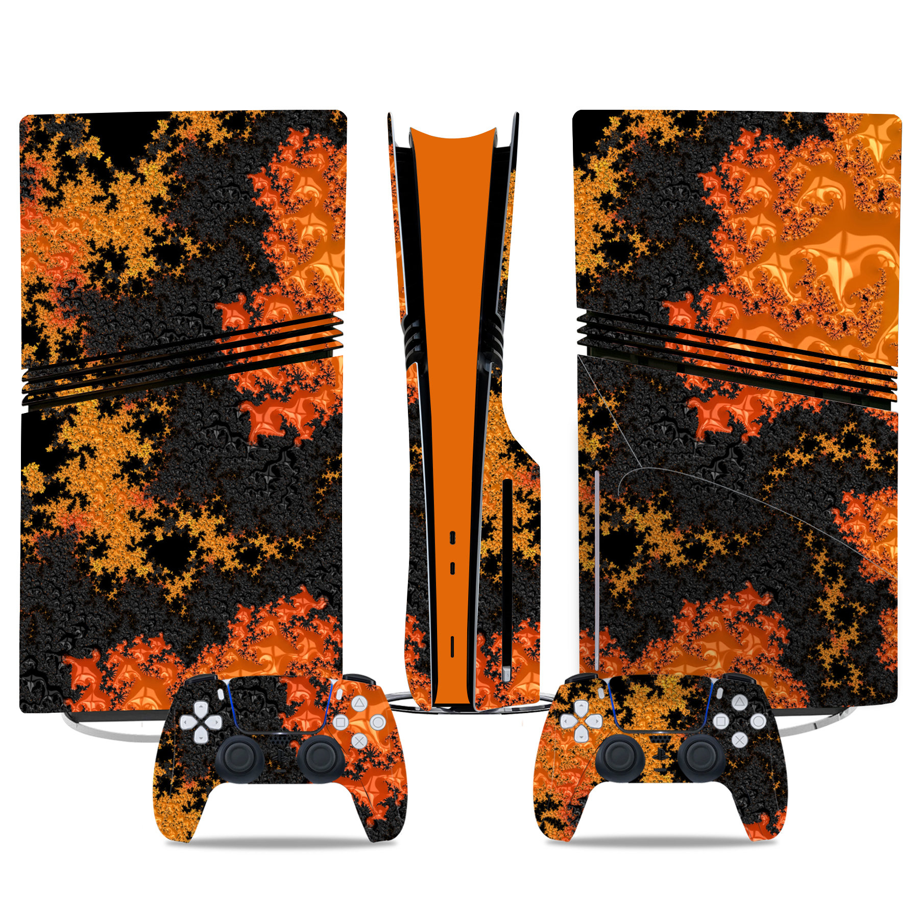 Vibrant Orange And Black PS5 Pro Skin Sticker For Console And Controller – Stunning Fractal Design